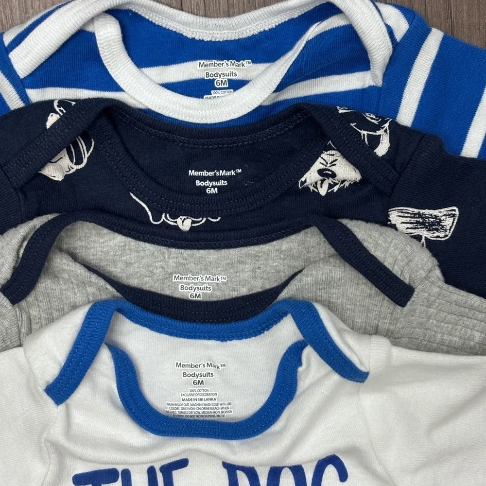NWOT Member’s Mark 6 month Baby Bodysuits Set x4 in Blues, Gray, and White